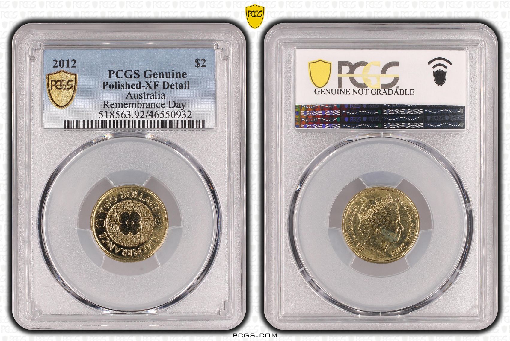 Remembrance Day, Two Dollar, 2012, PCGS Genuine - XF Details (92 - Cleaned)