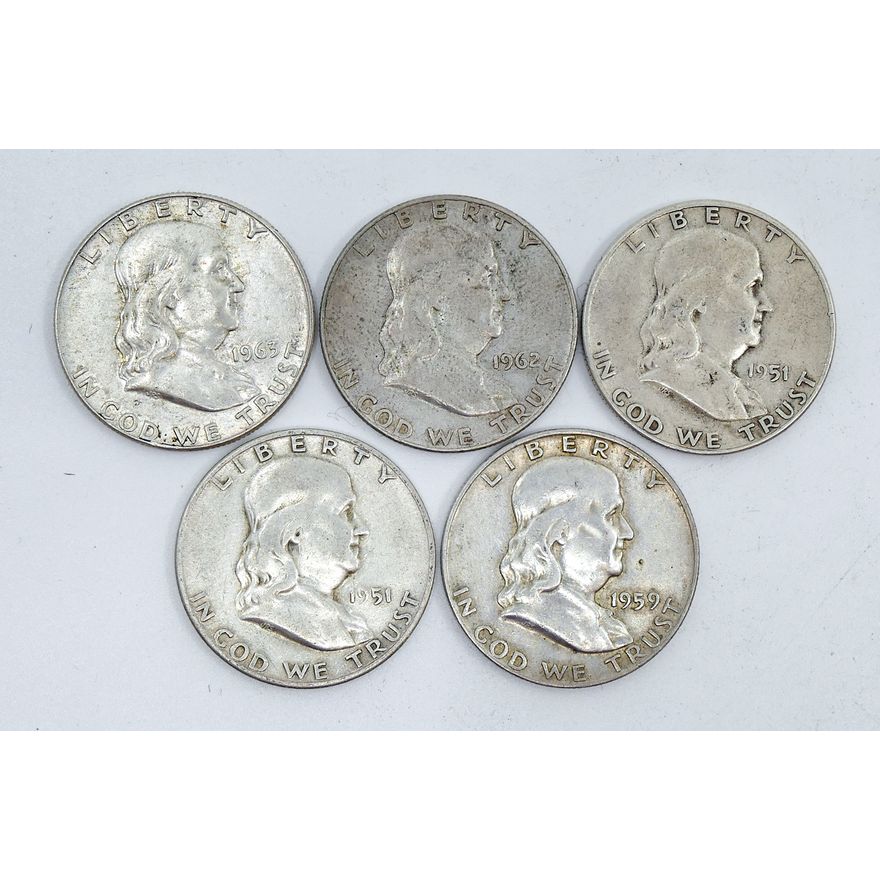 Box 5pc US Benjamin Franklin Silver Half Dollars