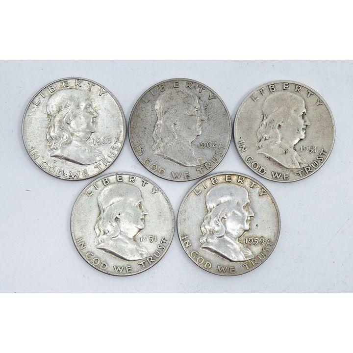 Box 5pc US Benjamin Franklin Silver Half Dollars