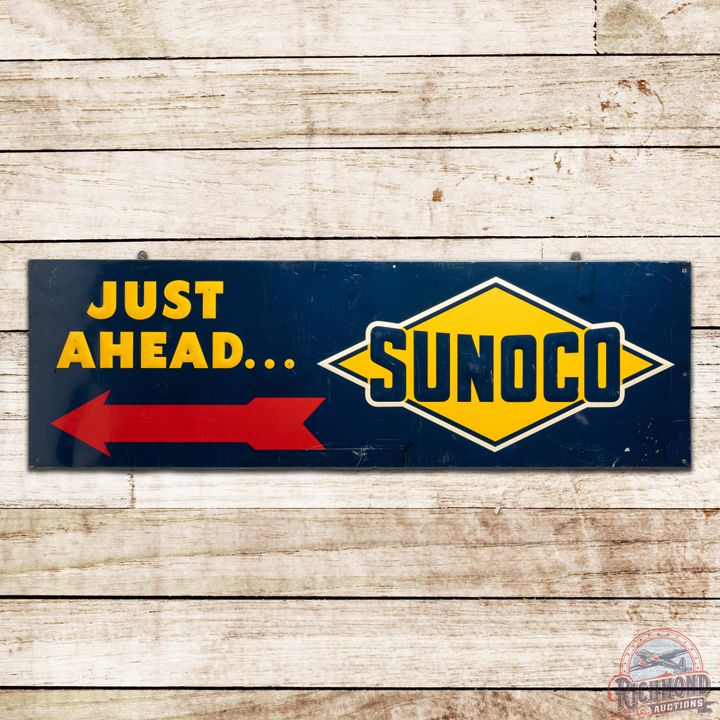 1949 Sunoco Just Ahead Emb. Single Sided Tin Logo Sign w/ Arrow