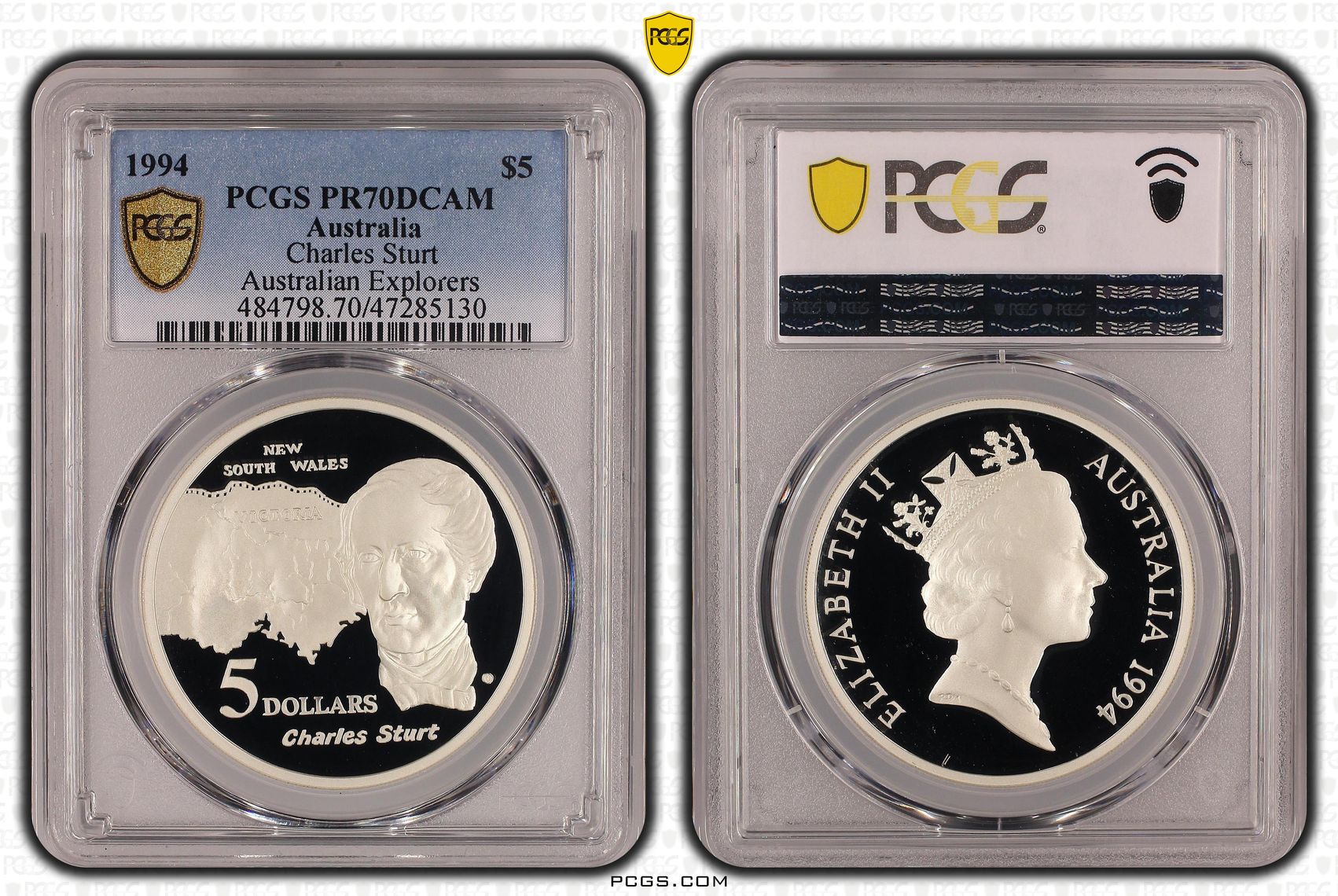 Elizabeth II, Charles Sturt - Australian Explorers, Pop 10/0, Five Dollar, 1994, PCGS PR70DCAM