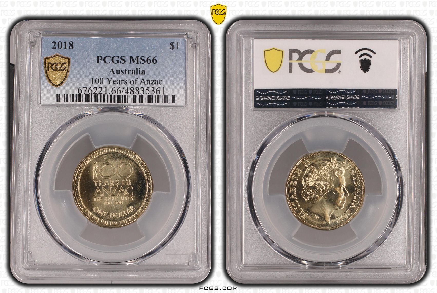 441 · Elizabeth II, 100 Years of Anzac , One Dollar, 2018, PCGS MS66