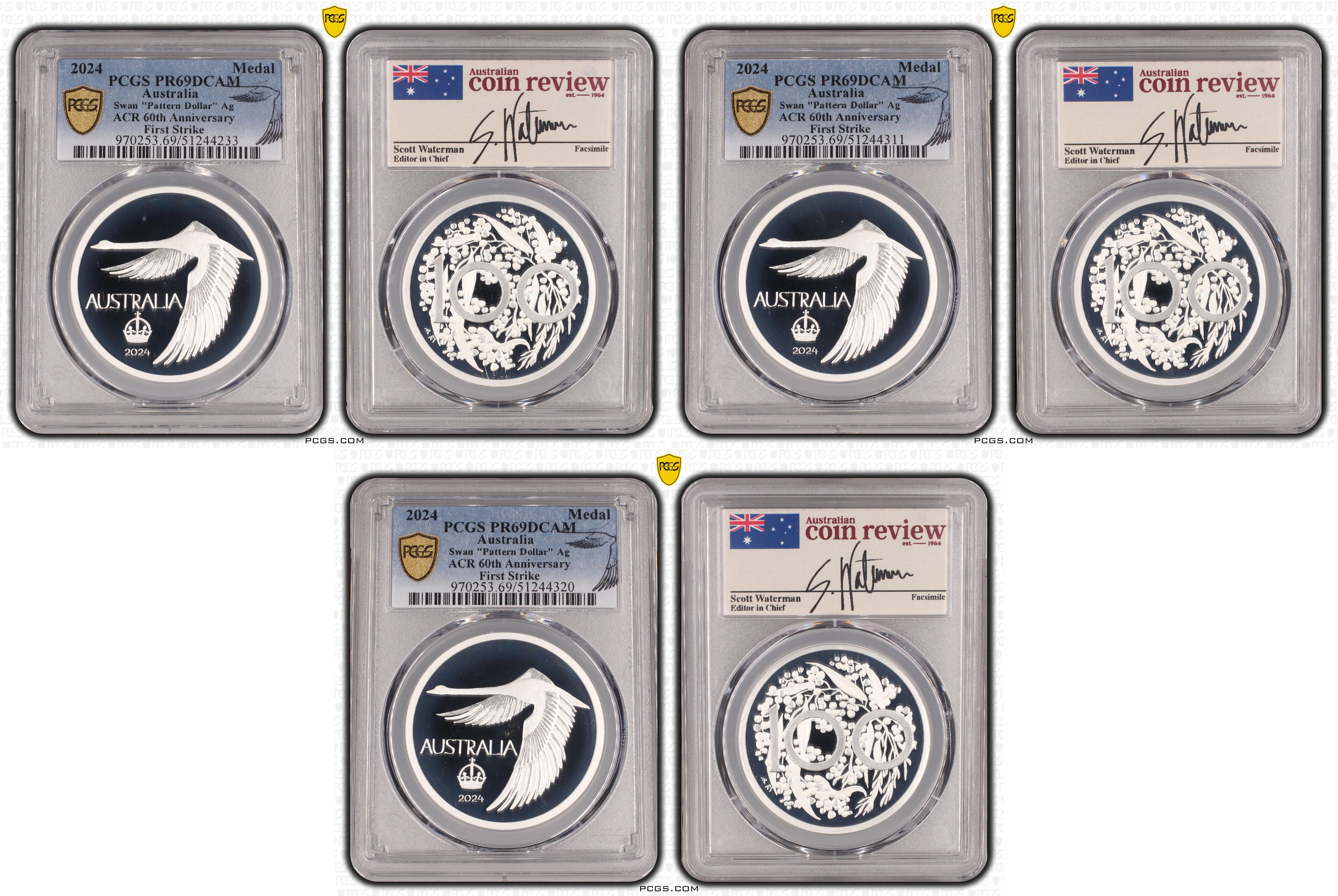 Trio of ACR Swan Pattern Dollar Silver Proof, Crown, 2024, PCGS PR69DCAM