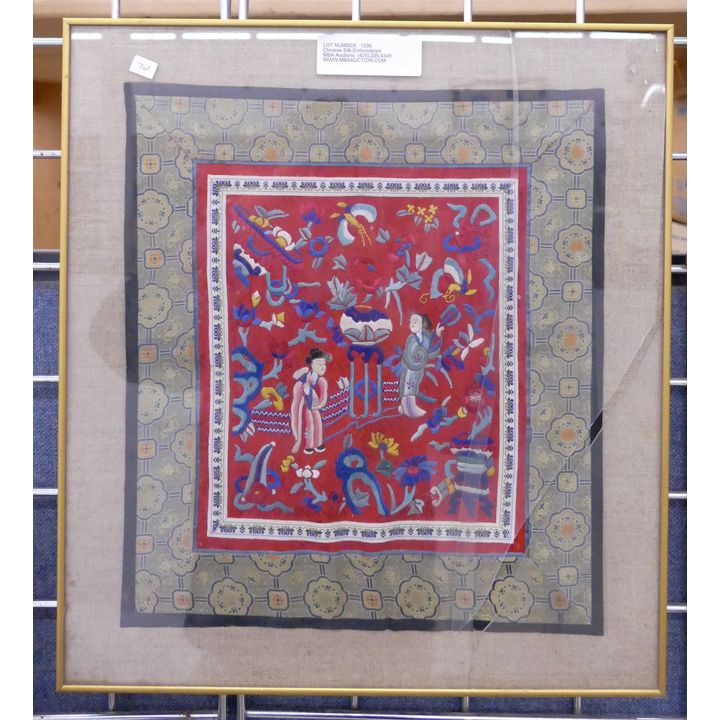 Chinese Silk Embroidered Panel Framed- 17x15''