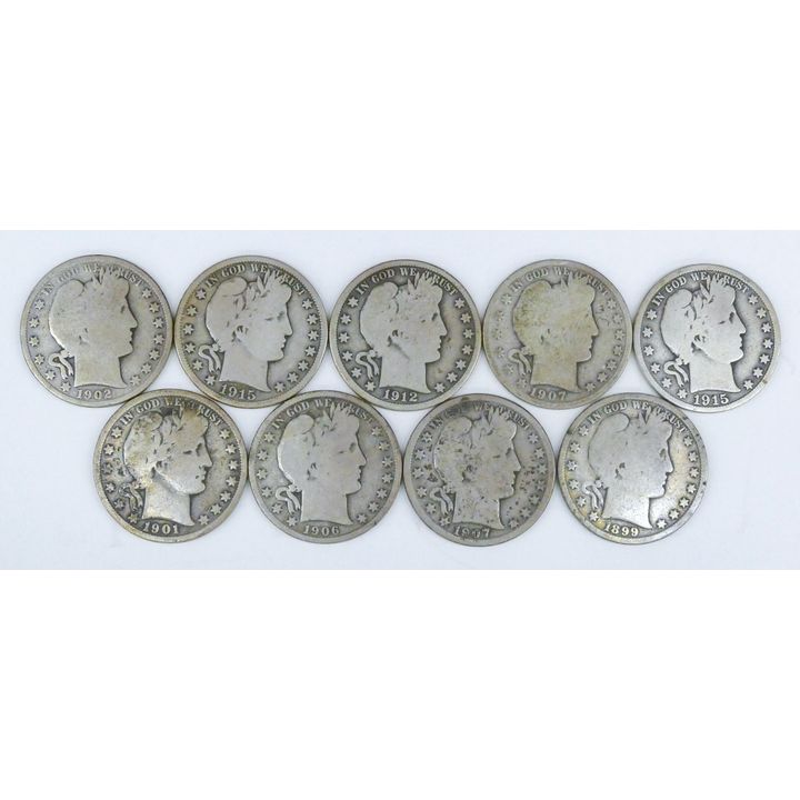 Box 9pc US Barber Silver Half Dollars