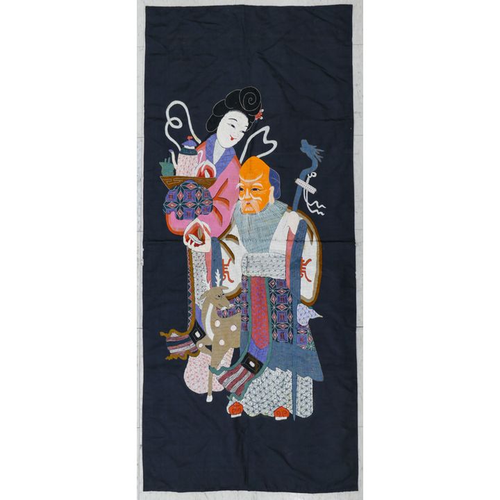 Old Chinese Shou Lao & Guanyin Silk Embroidered Panel 61''x26''
