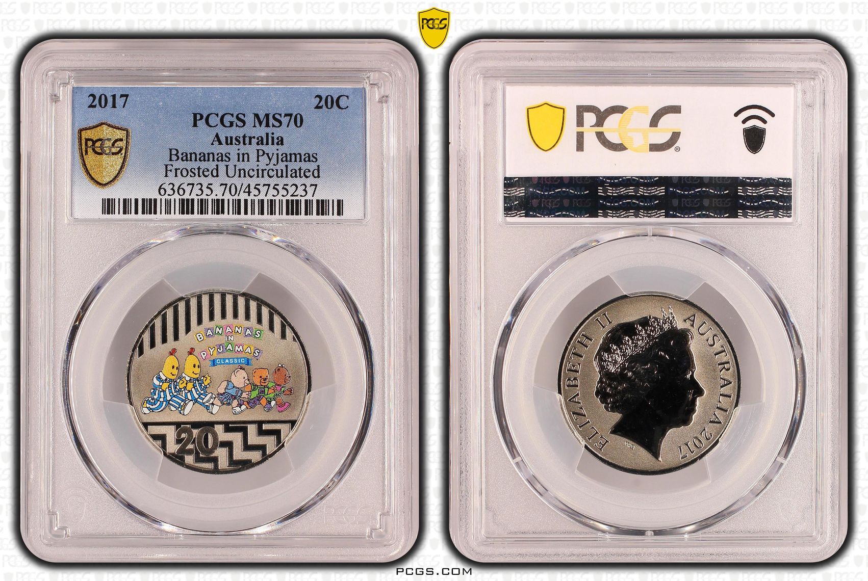 Bananas in Pyjamas Frosted Uncirculated, Twenty Cent, 2017, PCGS MS70