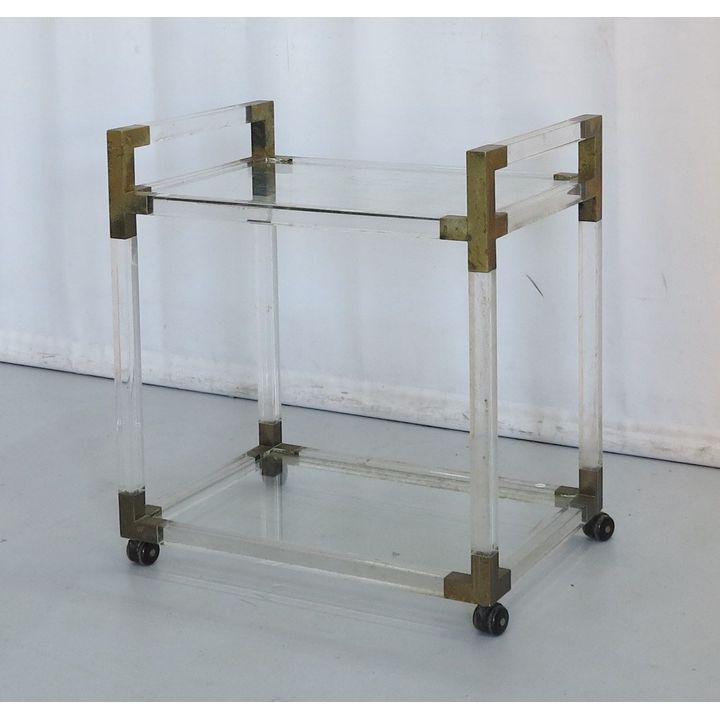GLASS TOP LUCITE AND BRASS TWO-TIER TROLLEY