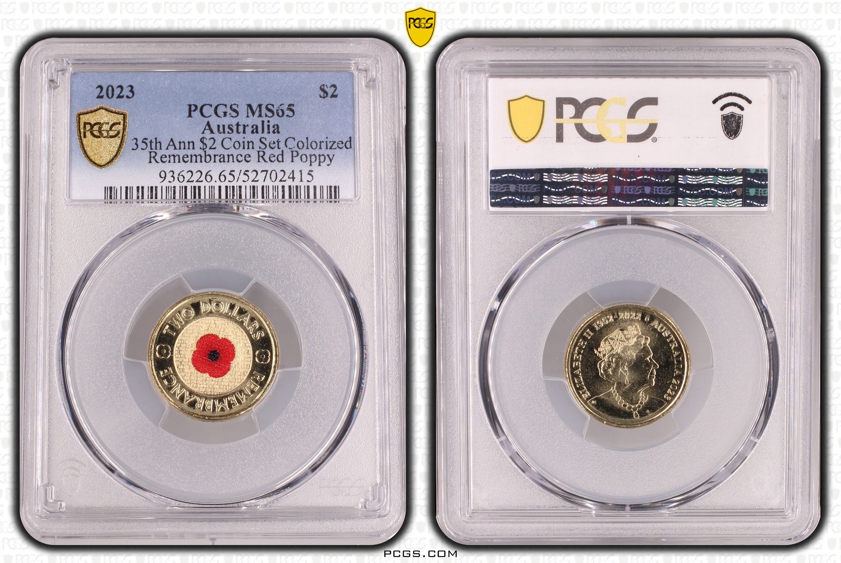 35th Ann $2 Coin Set Colorized Remembrance Red Poppy, Two Dollar, 2023, PCGS MS65