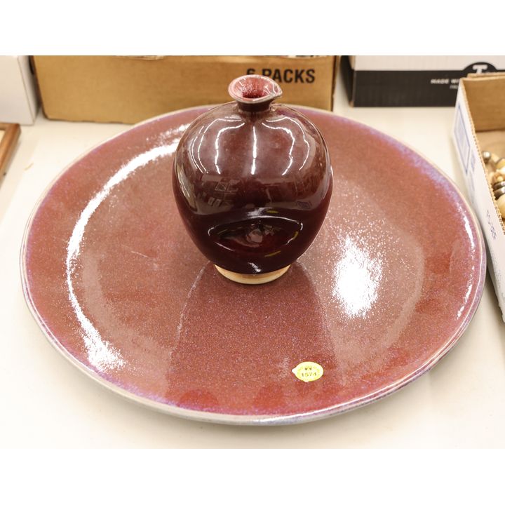 2pc Flambe Pottery Charger & Vase 14'' Largest
