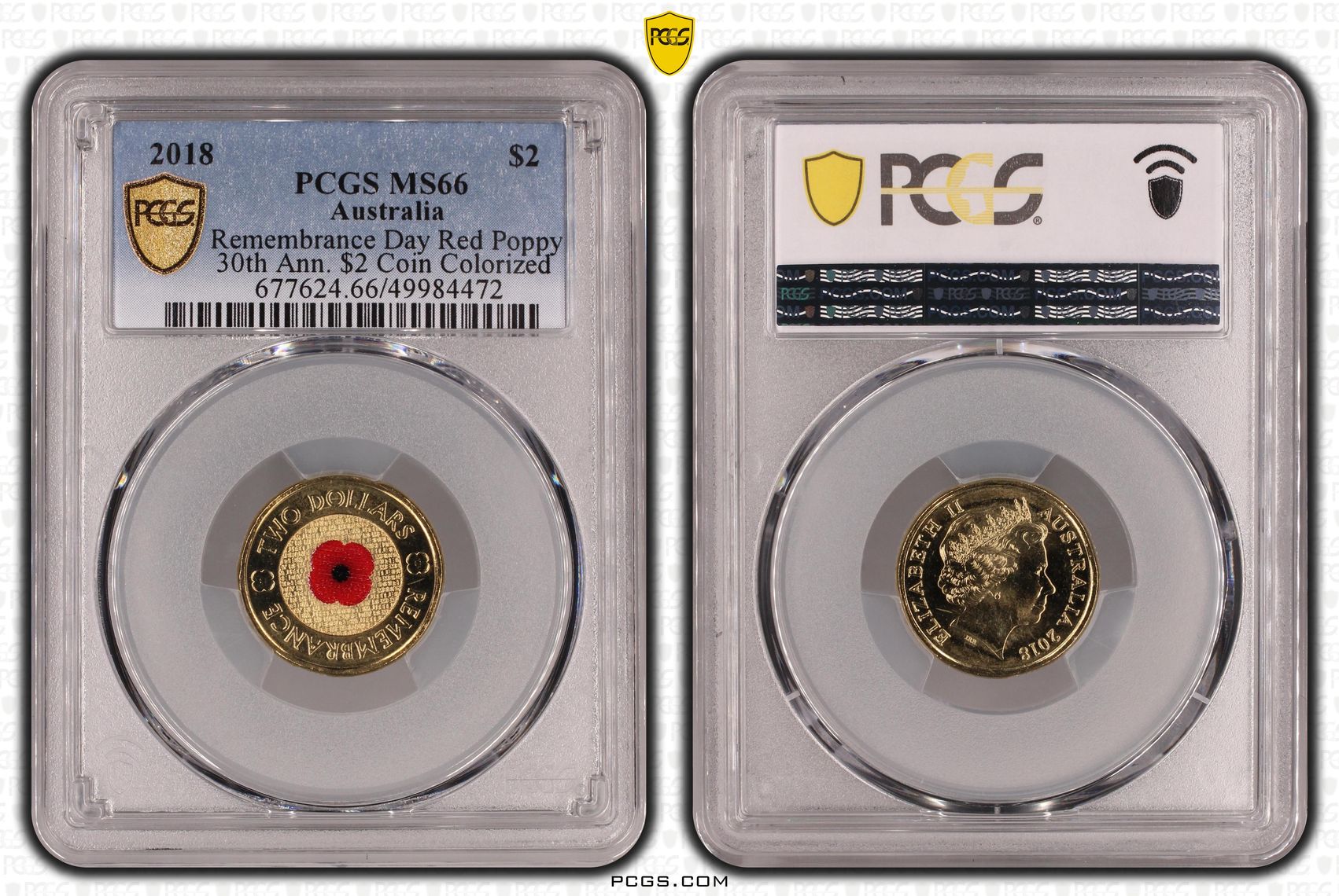 Remembrance Day Red Poppy 30th Ann. $2 Coin Colorized , Two Dollar, 2018, PCGS MS66