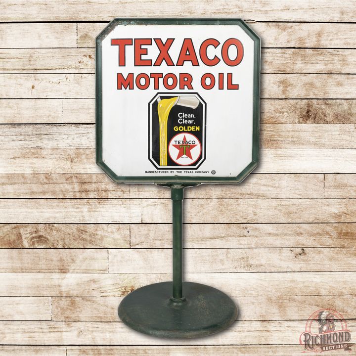 Texaco Motor Oil Clean Clear Golden Double Sided Porcelain Curb Sign TAC 8.9
