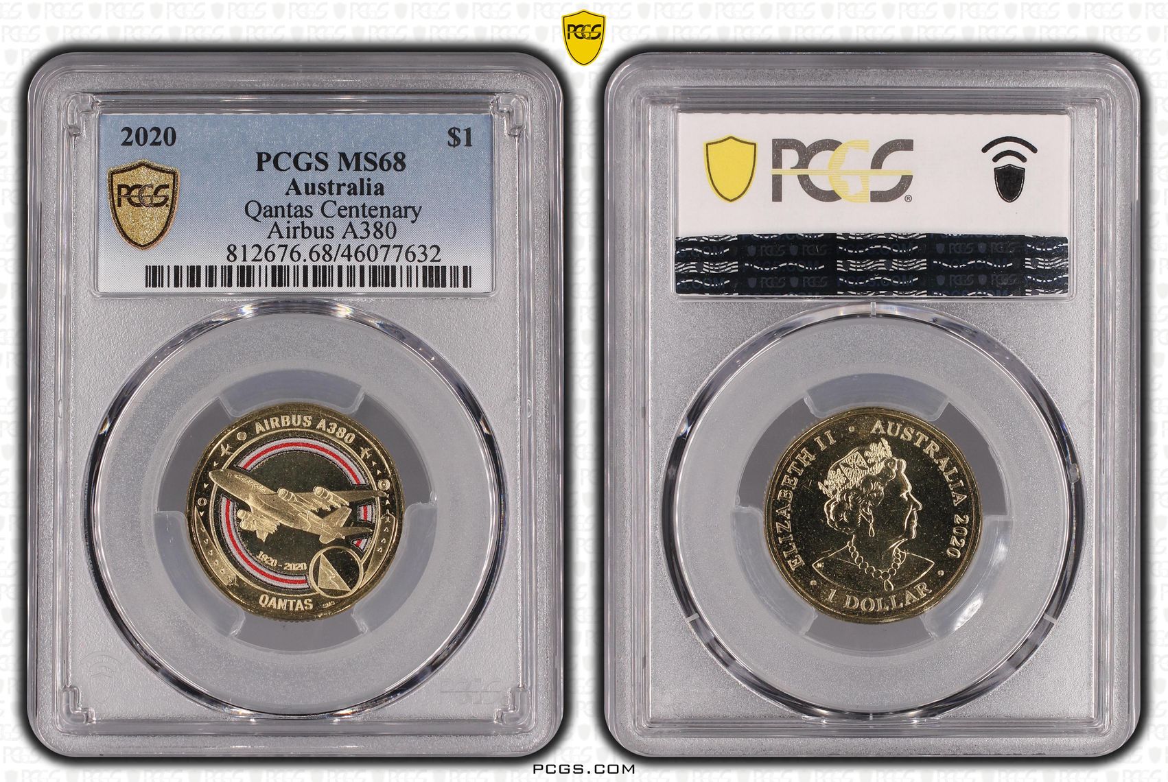 2020 Australia One Dollar, $1 Qantas Centenary Airbus A380 PCGS - MS68 -632