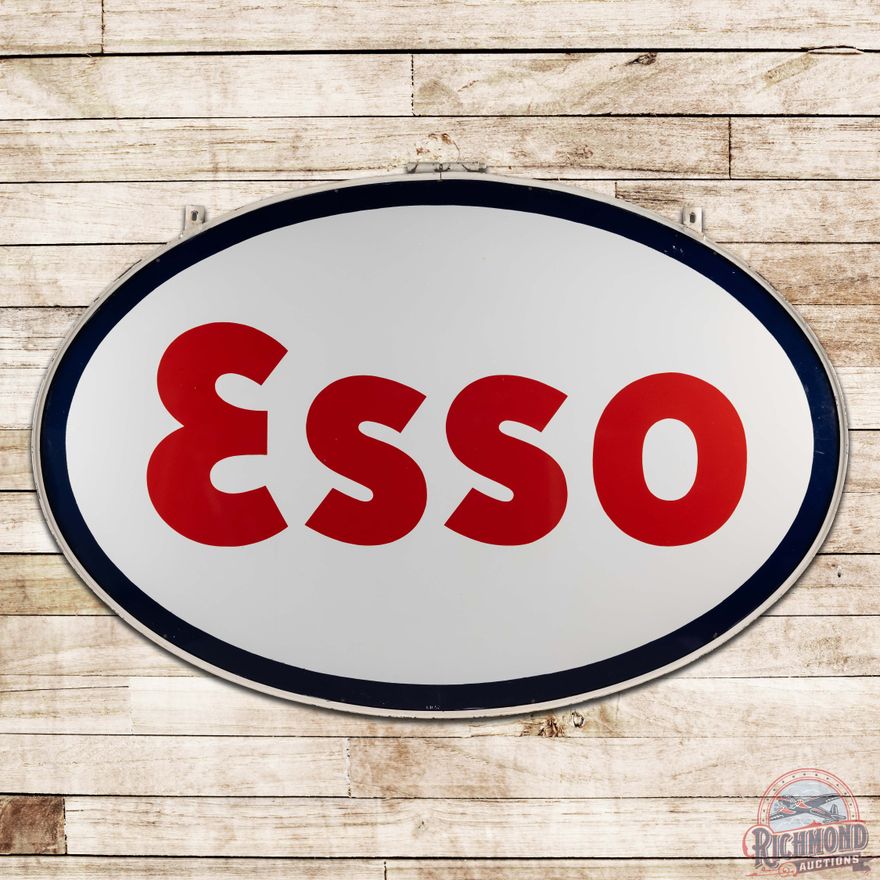 1952 Esso Gasoline Service Station Double Sided Porcelain ID Sign w/ Frame