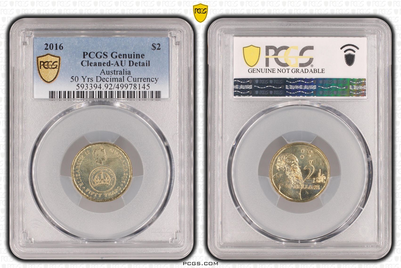 50 Yrs Decimal Currency, Two Dollar, 2016, PCGS Genuine - AU Details (92 - Cleaned)
