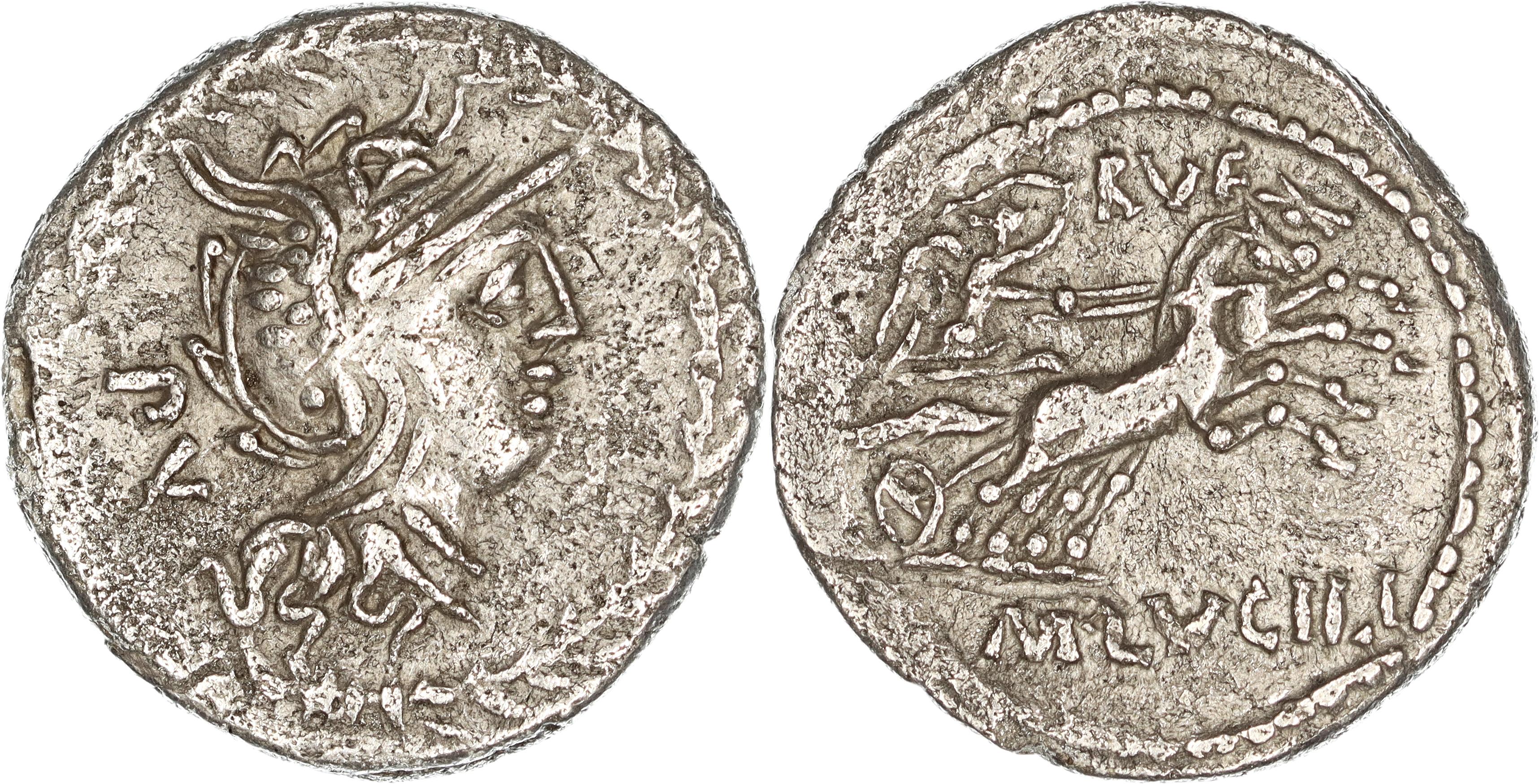 Roman Republic, M. Lucilius Mn.f. M.n. Rufus, Silver Denarius, 101 BC, nVF-VF