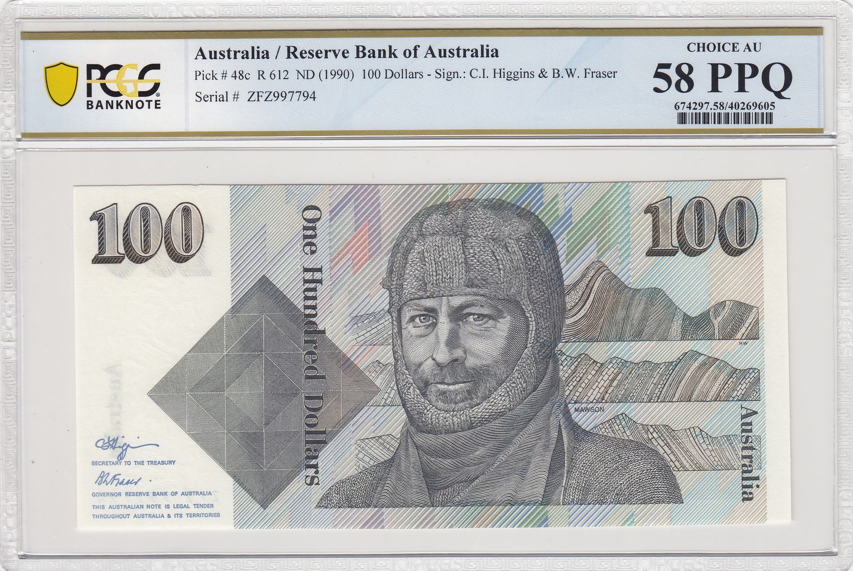 1990 Australia $100 Banknote Fraser/Higgins Choice AU 58 PPQ PCGS