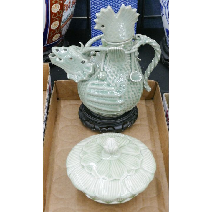 2pc Thai Celadon Figural Ewer and Covered Bowl 11'' and 6''