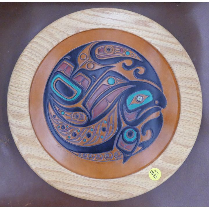 Steven Evans Salmon Worked Leather Wall Plaque- 12'' diameter