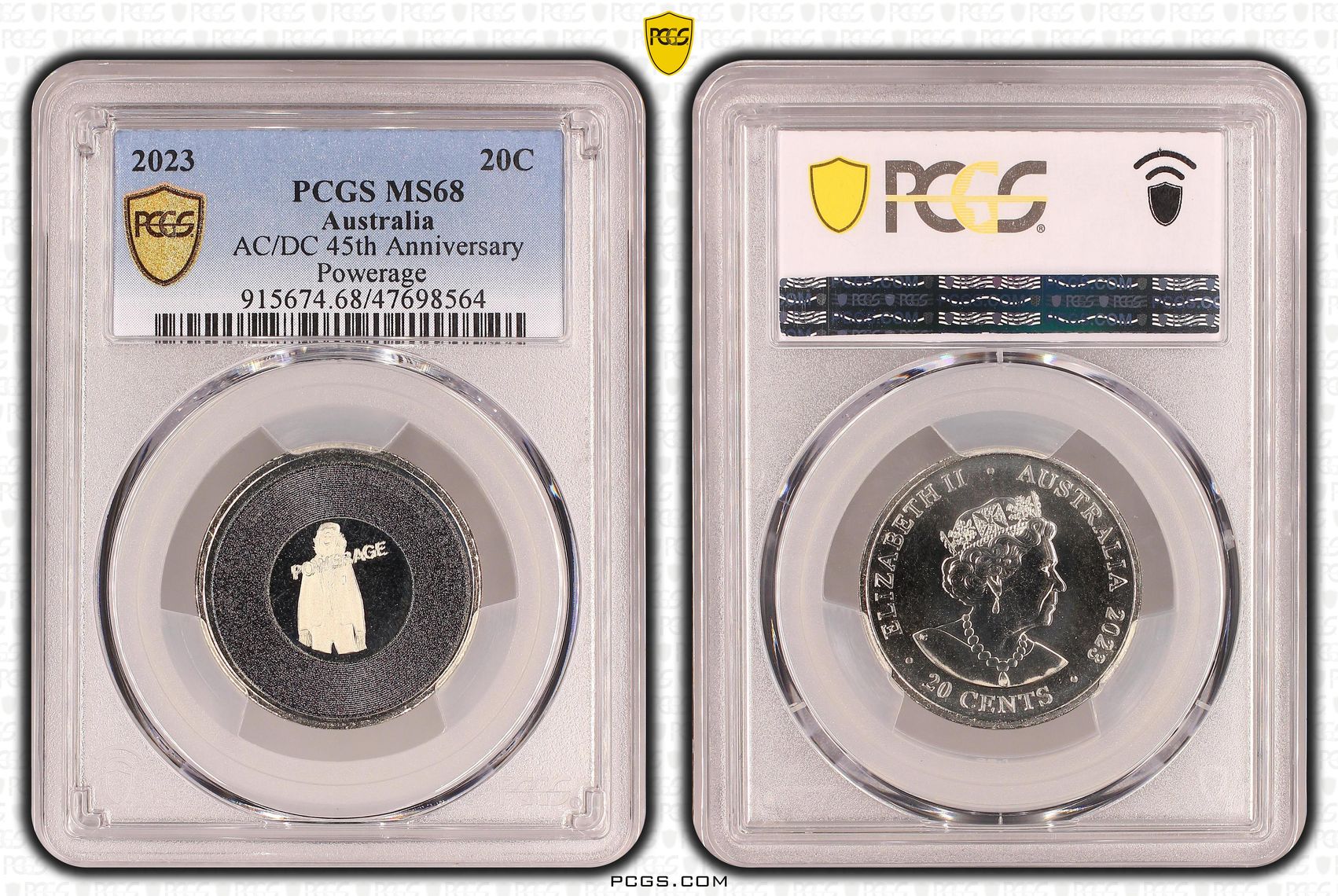 Elizabeth II, AC/DC 45th Anniversary - Powerage, Twenty Cent, 2023, PCGS MS68
