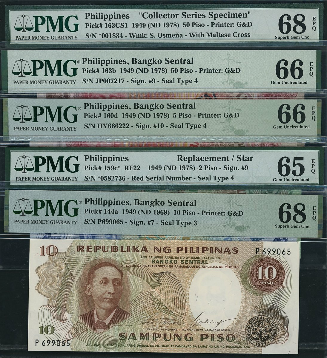 Bangko Sentral, Philippines, [20 notes and 1 uncut sheet of 4] group of ...