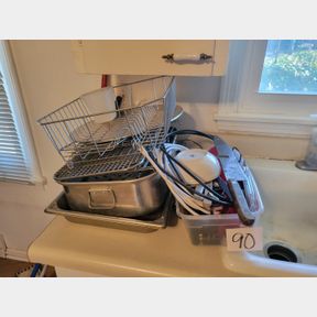 Stainless buffet tray and other misc. kitchen items with glasses