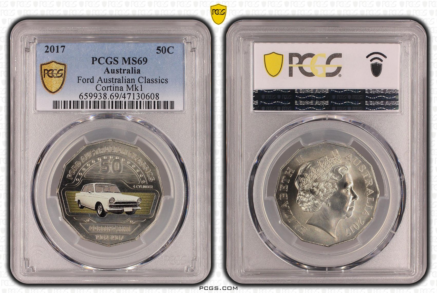 Elizabeth II, Ford Australian Classics - Cortina Mk1, Fifty Cent, 2017, PCGS MS69