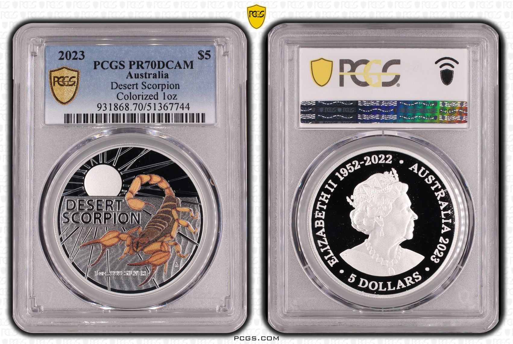 Desert Scorpion Colourised 1oz, POP 9/0, Five Dollars, 2023, PCGS PR70DCAM