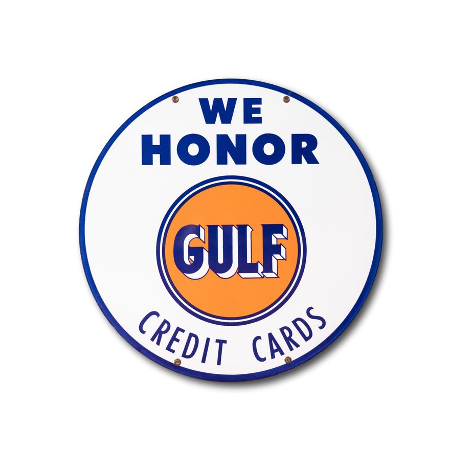 30" We Honor Gulf Credit Cards Double Sided Porcelain Sign TAC 9.75