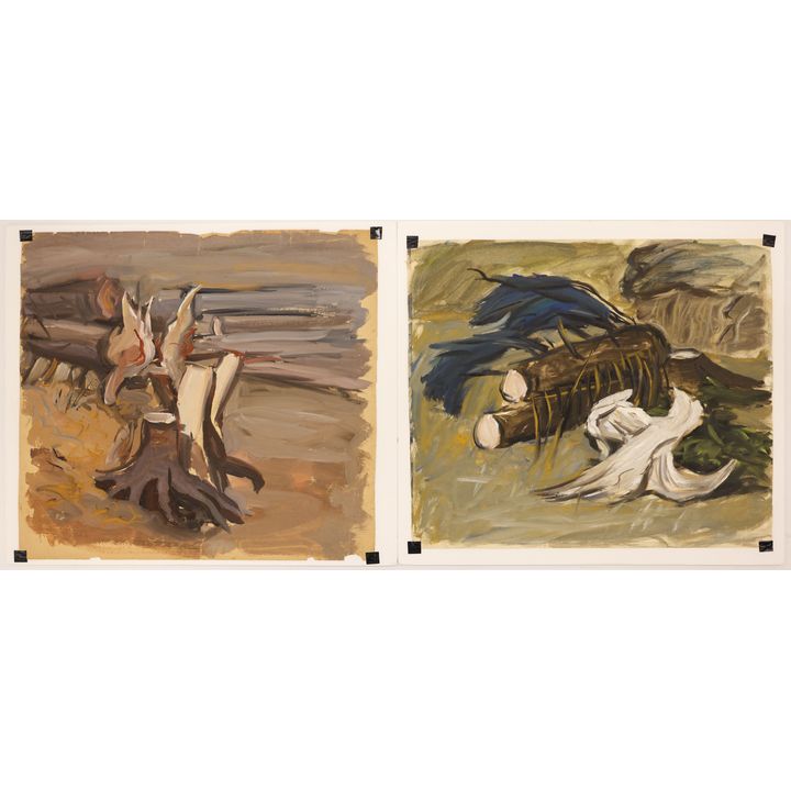 2pc Arthur Runquist ''Cut Log Landscapes'' Oil on Paper