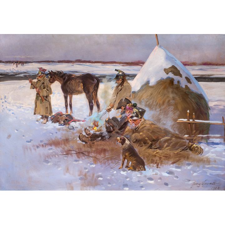 Jerzy Kossak | Odpoczynek przy ognisku- epizod z wojen napoleońskich, 1938 r.