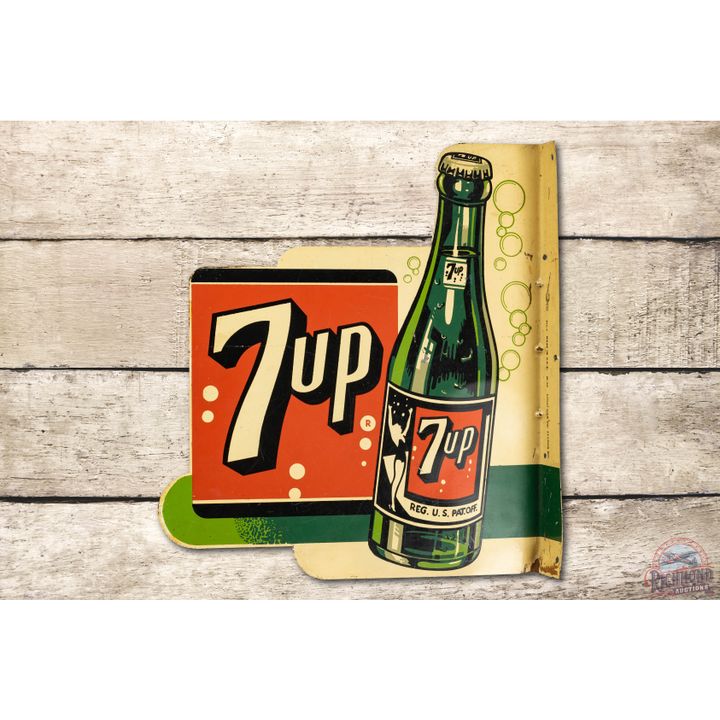 1950 7up w/ Bottle & Swimmer Girl Tin Flange Sign