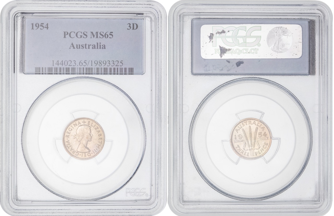 Elizabeth II, Threepence, 1954, PCGS MS65