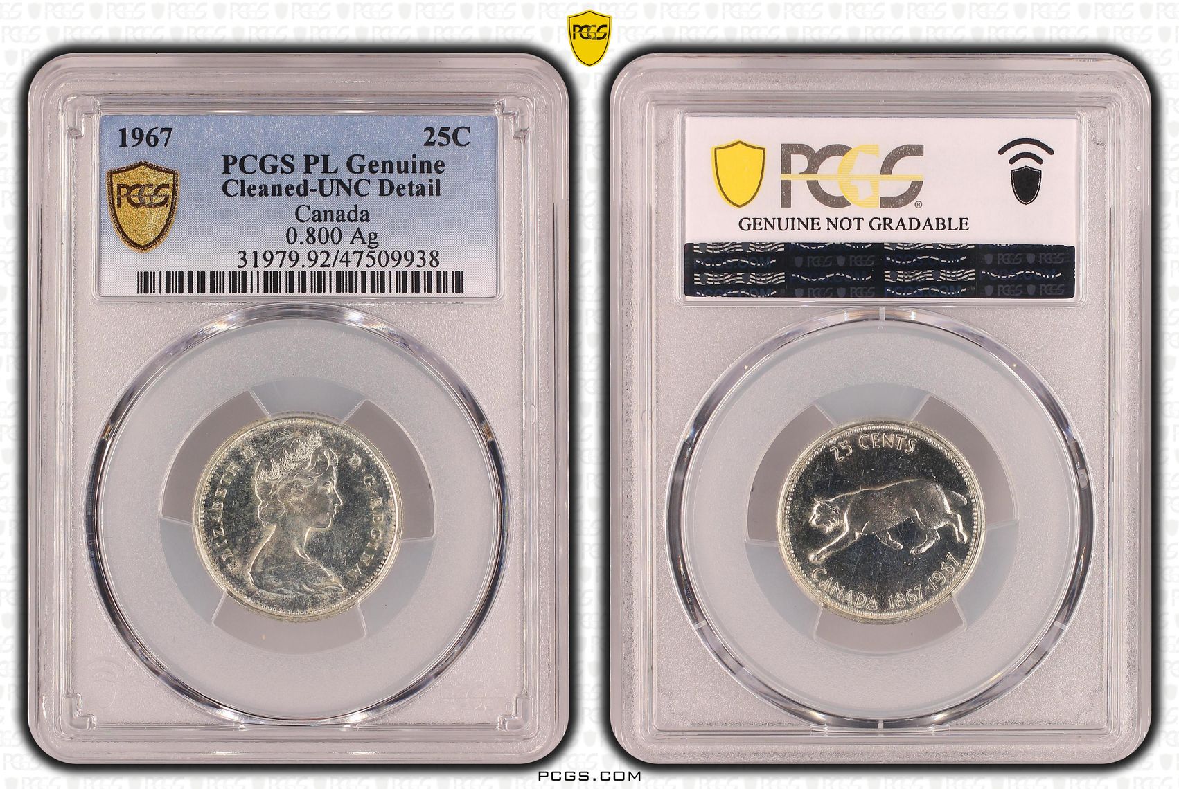 Canada, 0.800 Ag, Twenty Five Cent, 1967, PCGS Genuine - UNC Details (92 - Cleaned)