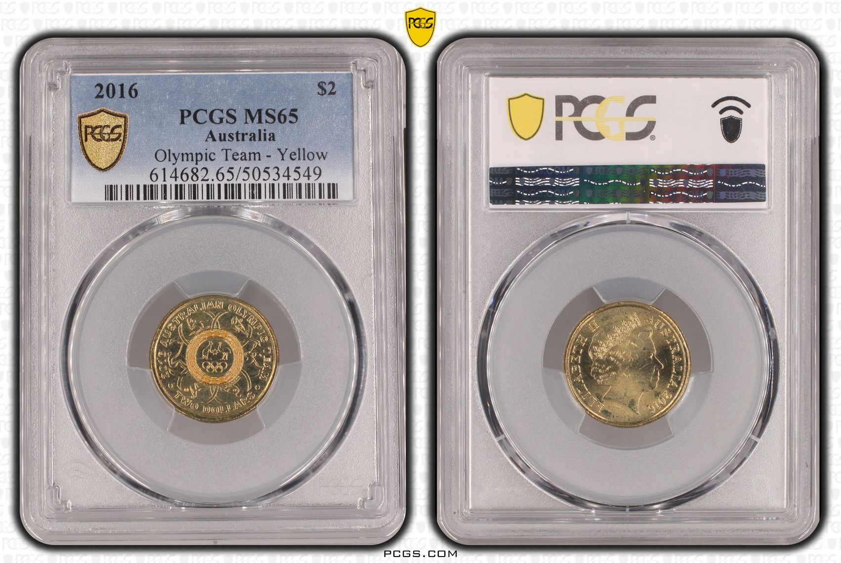 470 · Olympic Team - Yellow Colourised, Two Dollar, 2016, PCGS MS65