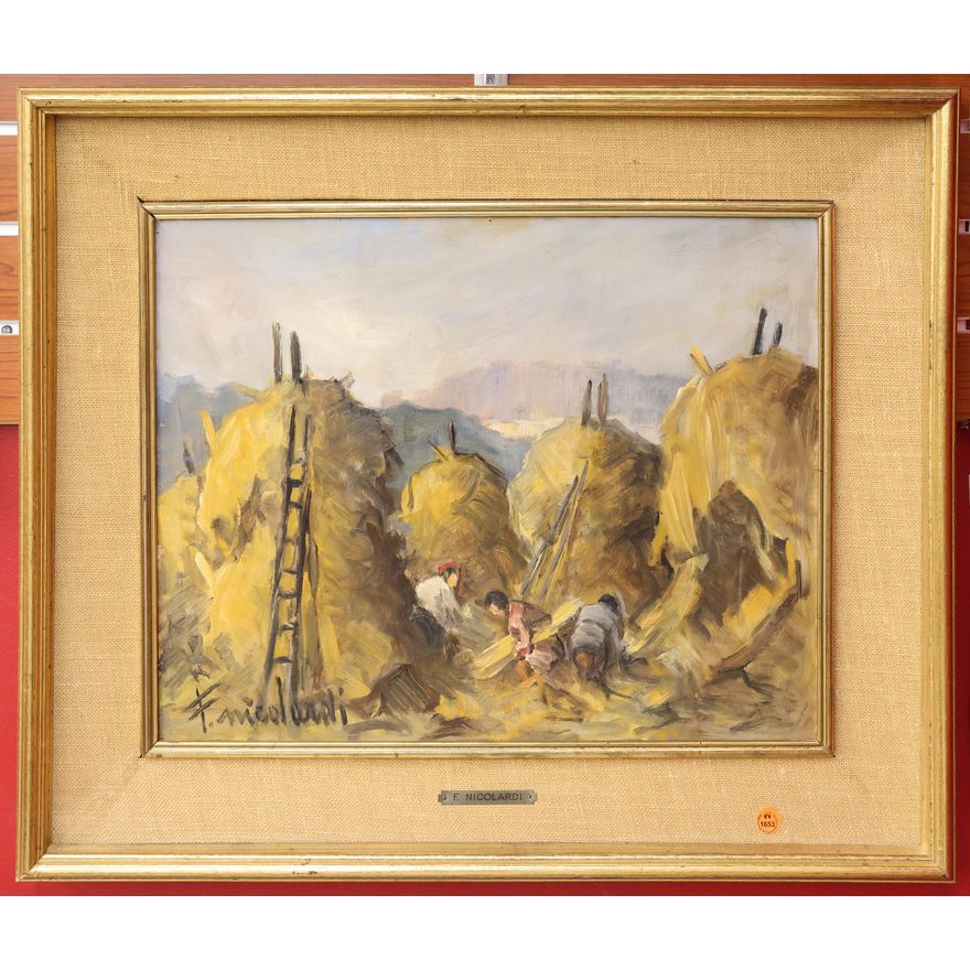 F. Nicolardi Italian Haystacks Oil Painting Framed 23''x27''