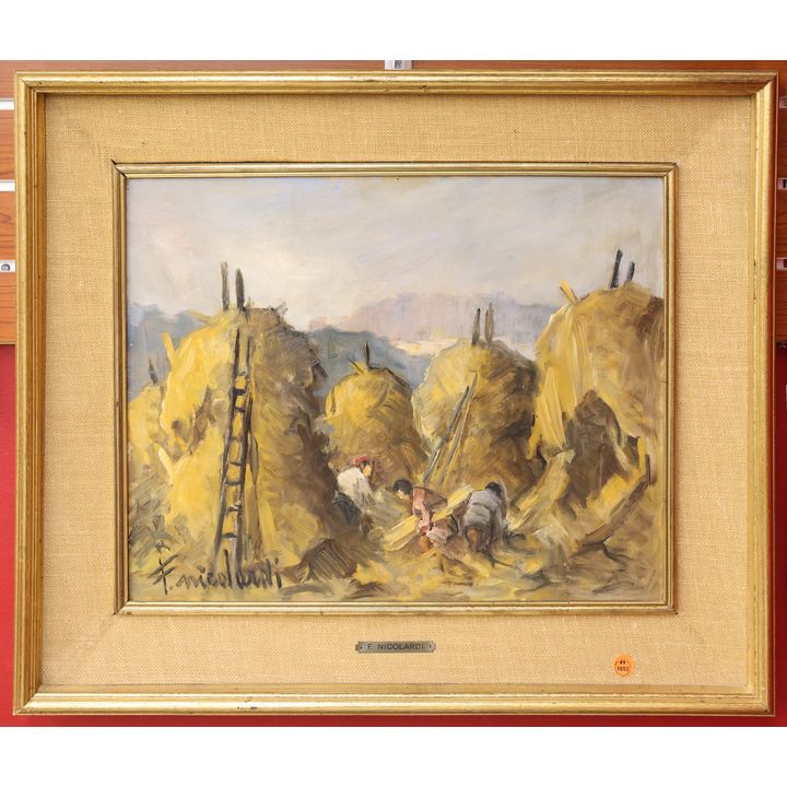 F. Nicolardi Italian Haystacks Oil Painting Framed 23''x27''