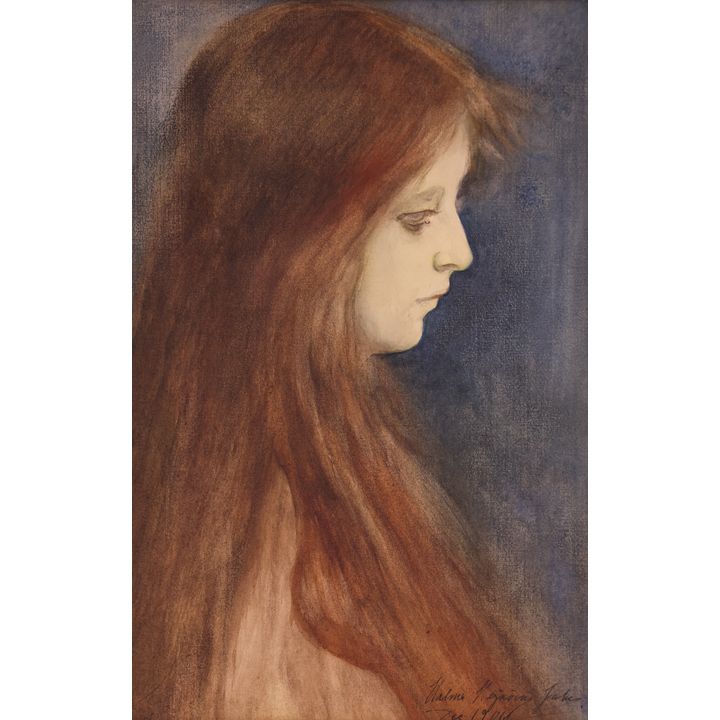 Pre-Raphaelite School Girl Portrait 1906 Watercolor