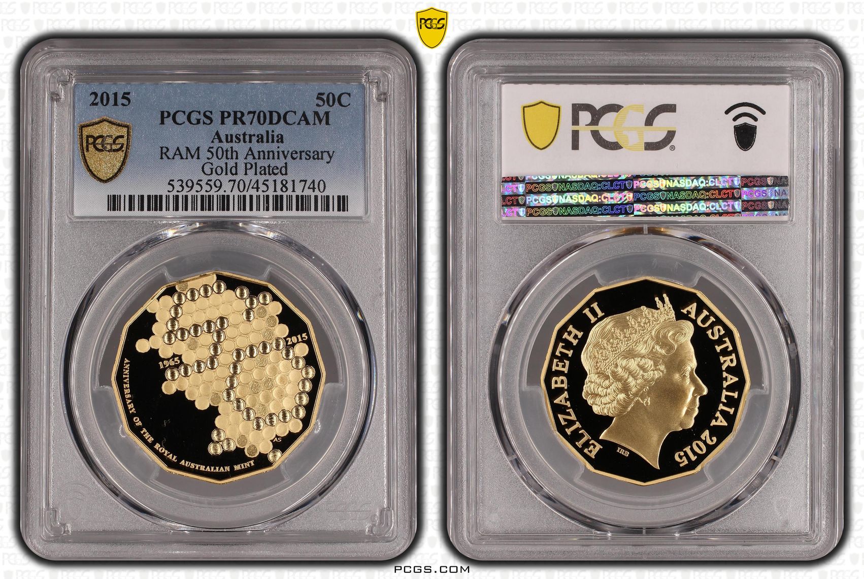 2015 Australia Fifty Cent, 50c RAM 50th Anniversary Gold Plated PCGS - PR70DCAM POP 66/0 -740