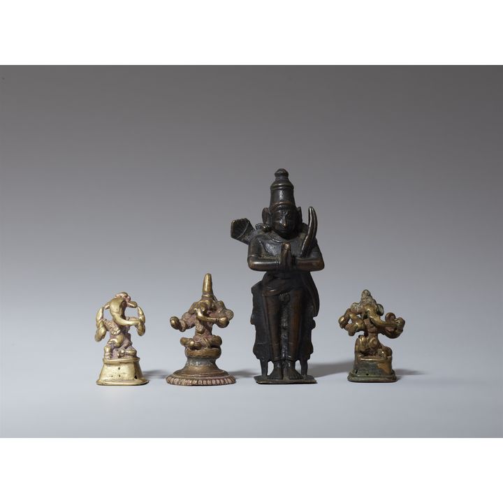 A group of three copper alloy figures of Ganesha and a figure of Rama. India, different regions. 18th century and later