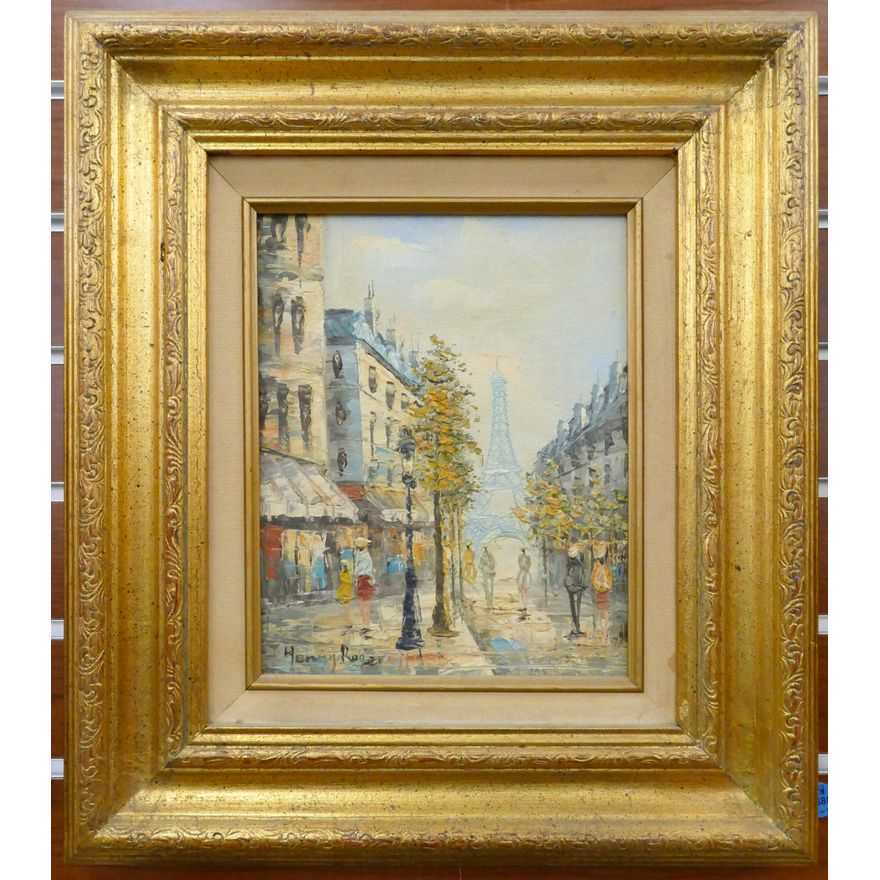 Vintage Parisian Street Scene Oil Painting Framed 17''x15''