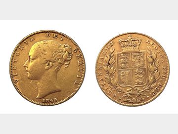 1844 Queen Victoria Young Head 'Closer Date' London Mint Shield Gold Sovereign.