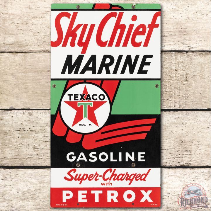 1955 Texaco Sky Chief Marine Gasoline Porcelain Pump Plate Sign (Large)