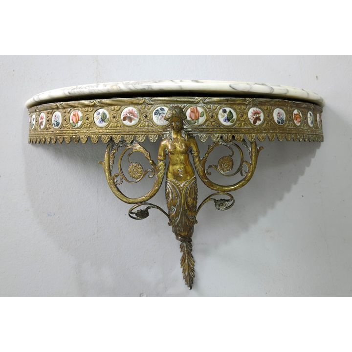 MARBLE TOP CAST BRONZE AND INSET PORCELAIN PLAQUE WALL HANGING CONSOLE TABLE
