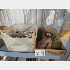 2 boxes oil can, tape measure and misc TV accessories