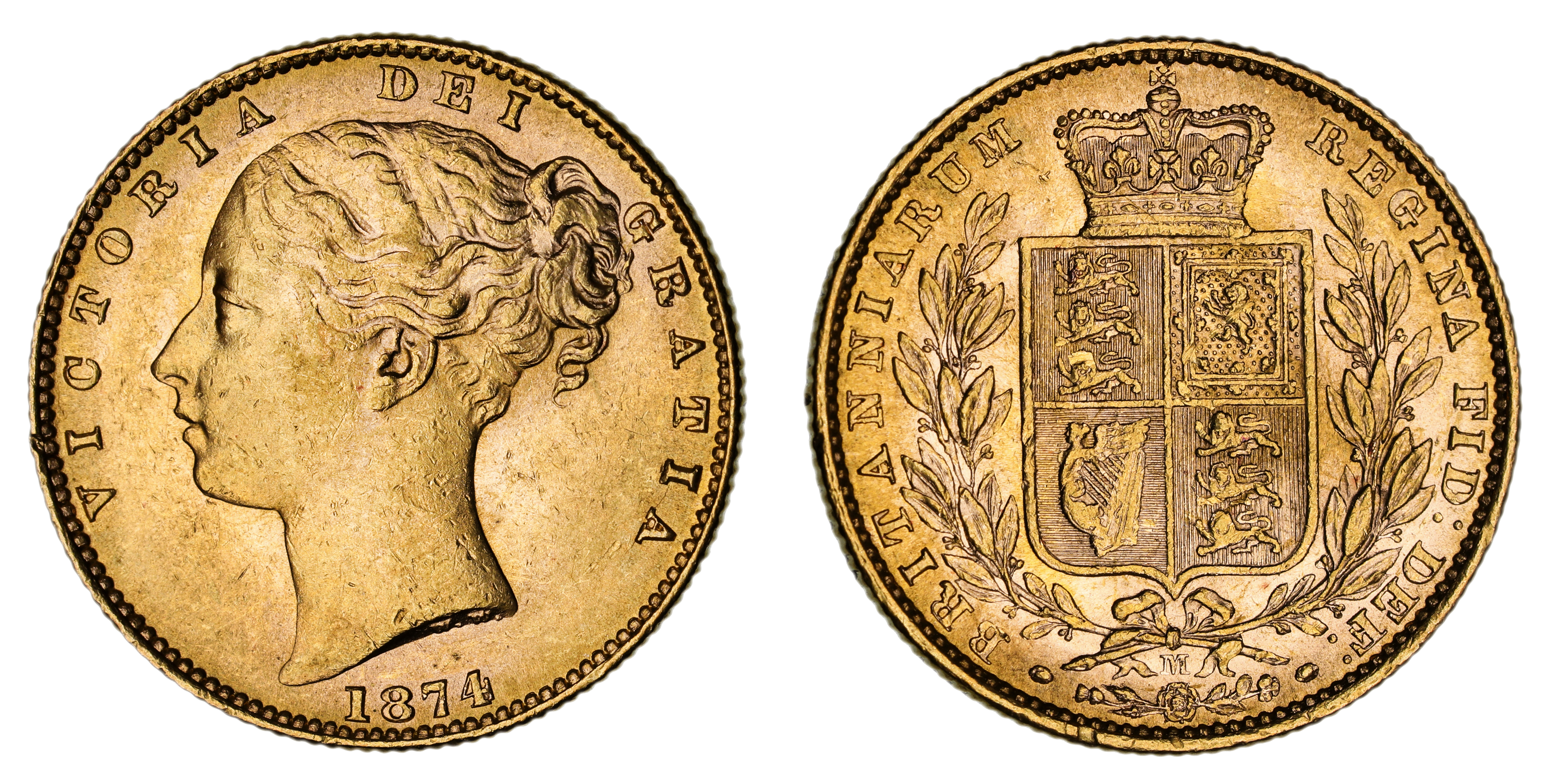 Victoria, Shield Reverse - Melbourne Mint - Young, Sovereign, 1874, EF