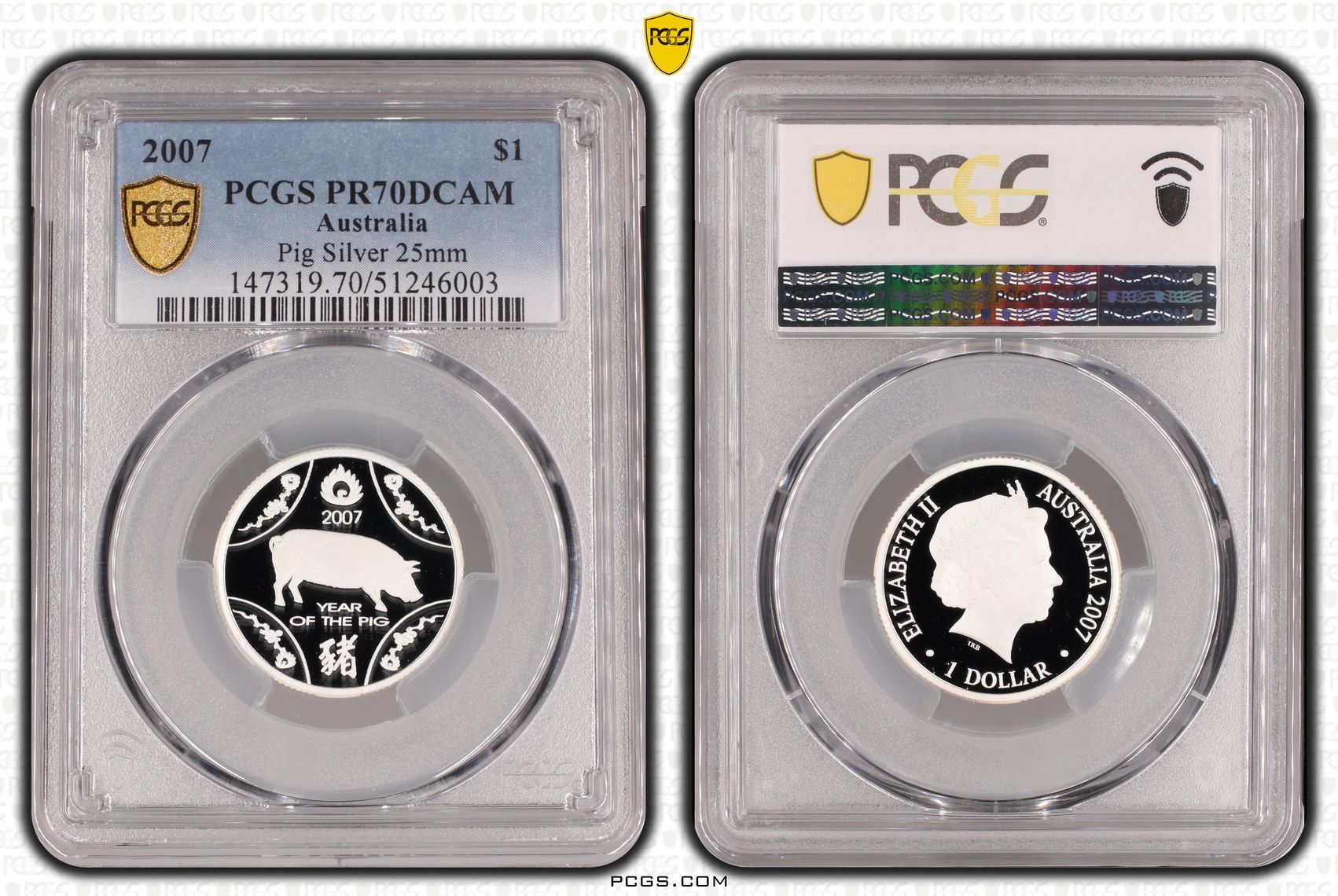 Pig Silver 25mm Ag POP 3/0, One Dollar, 2007, PCGS PR70DCAM