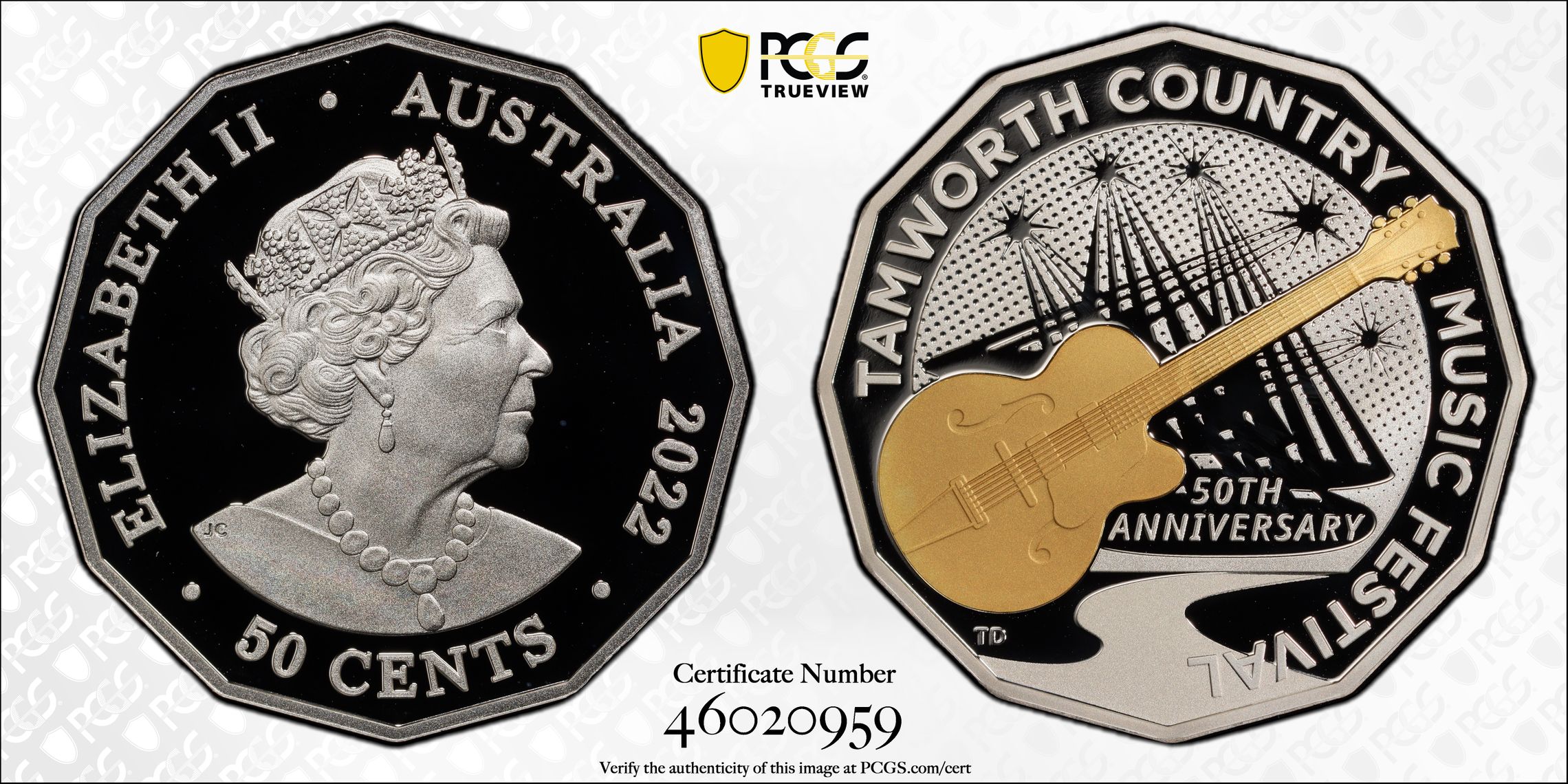 Tamworth Music Festival Partial Gilt, Fifty Cent, 2022, PCGS PR69DCAM