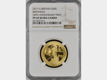 2017 ELIZABETH II '30th ANNIVERSARY PRIVY' BRITANNIA PROOF 1/2oz GOLD 50 POUND COIN PF69 UCAM