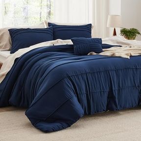 KING BEDSURE KING COMFORTER SET - 4 PIECES PINCH PLEAT BED SET, NAVY BLUE BOHO BEDDING FOR ALL SEASON, 1 SOFT COMFORTER, 2 PILLOWC